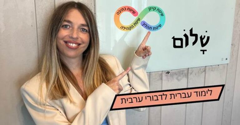 אישה מחייכת ומצביעה על שלט שבו כתוב "שלום" ותרשים צבעוני, כשבחזית מופיע הכיתוב "לימוד עברית לדוברי ערבית